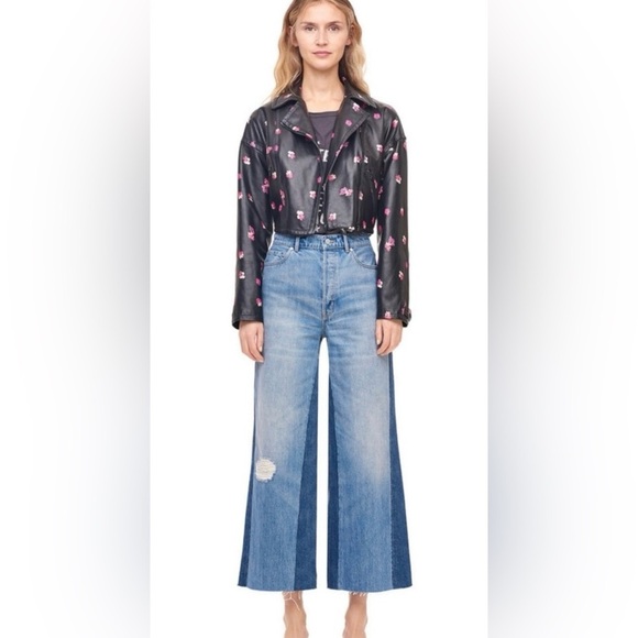 Rebecca Taylor Floriana Black Leather Jacket, Cropped, Pink Flower Print, Sz 2 - Picture 5 of 16